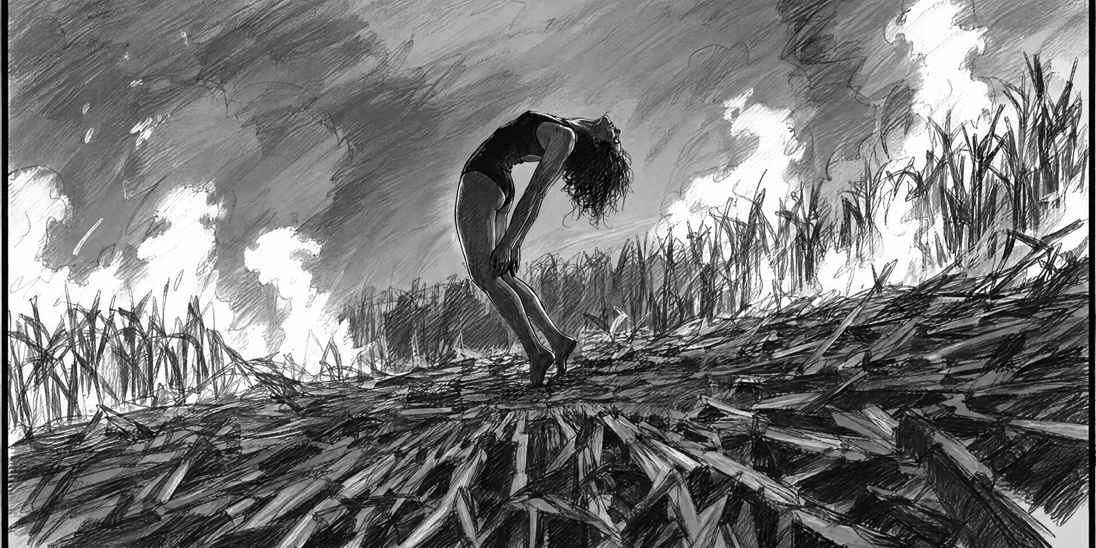Pencil storyboard: a figure arches backward in a burning cornfield