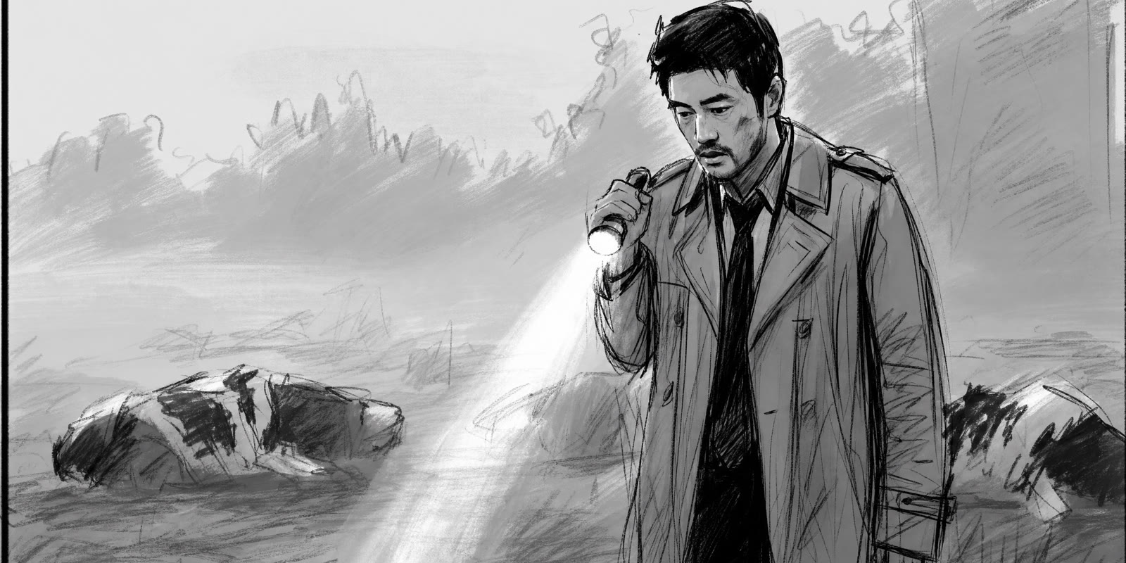 Pencil storyboard: a detective sweeps a flashlight across dead cattle in a fog