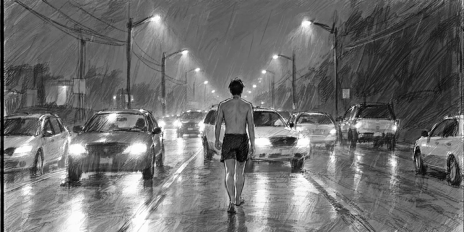 Pencil storyboard: a barefoot boy walks down the center of a rainy highway between headlights