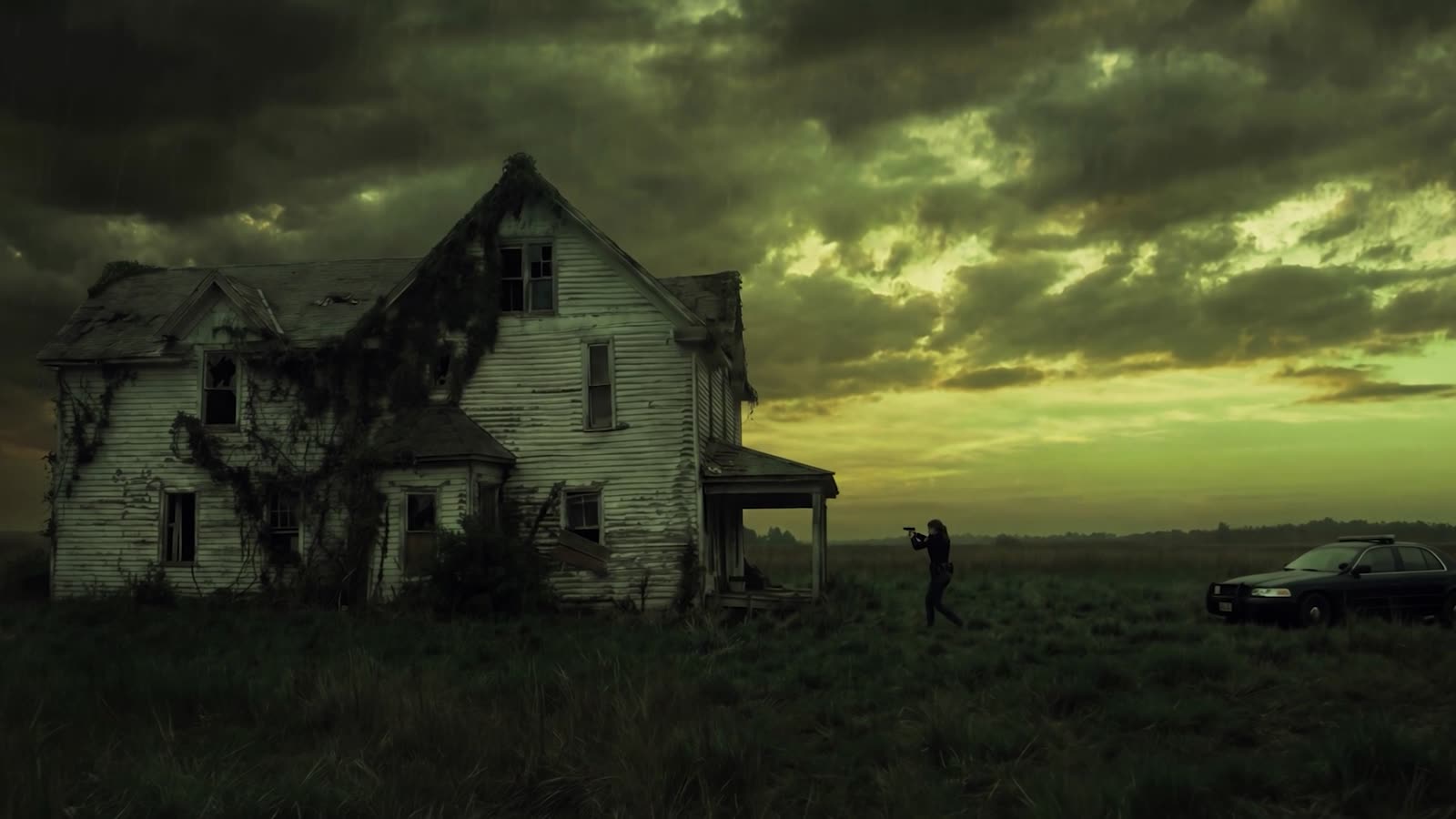 A derelict white farmhouse under a storm sky, a lone figure and a car in the field